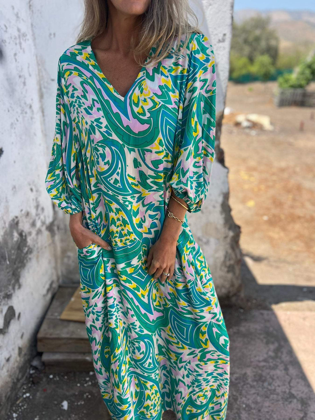 Paisley Print V Neck Kaftan Maxi Dress - Blue