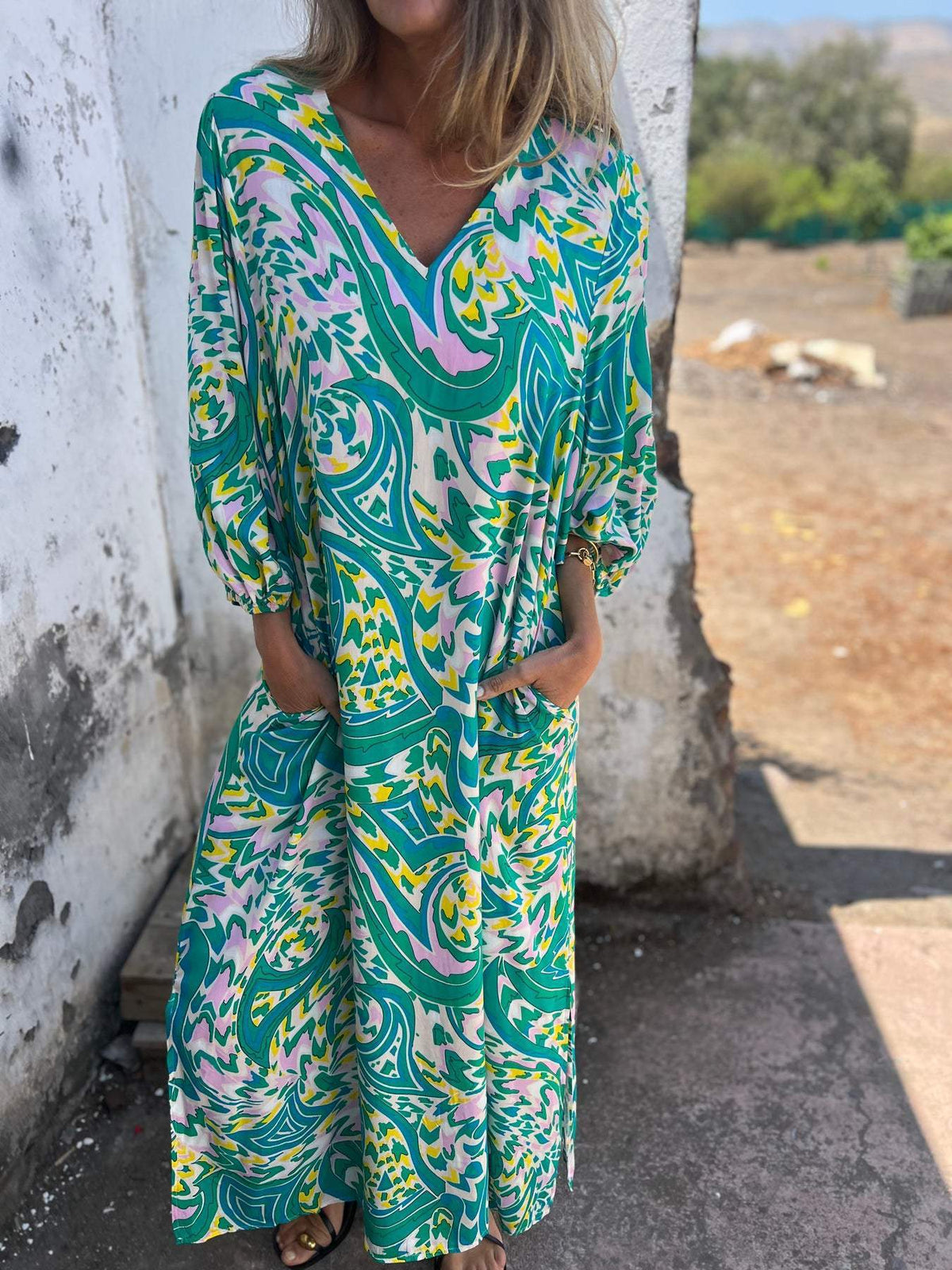 Paisley Print V Neck Kaftan Maxi Dress - Blue - 1