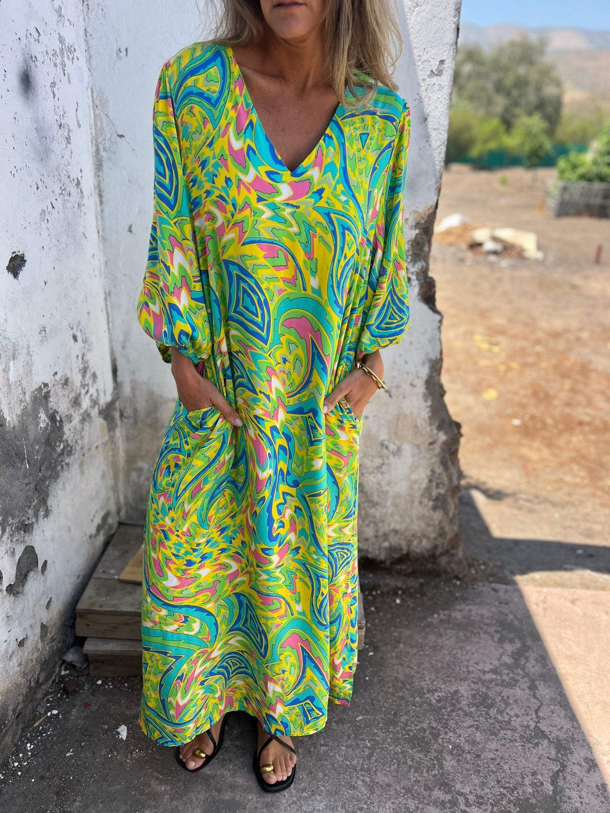 Paisley Print V Neck Kaftan Maxi Dress - Green
