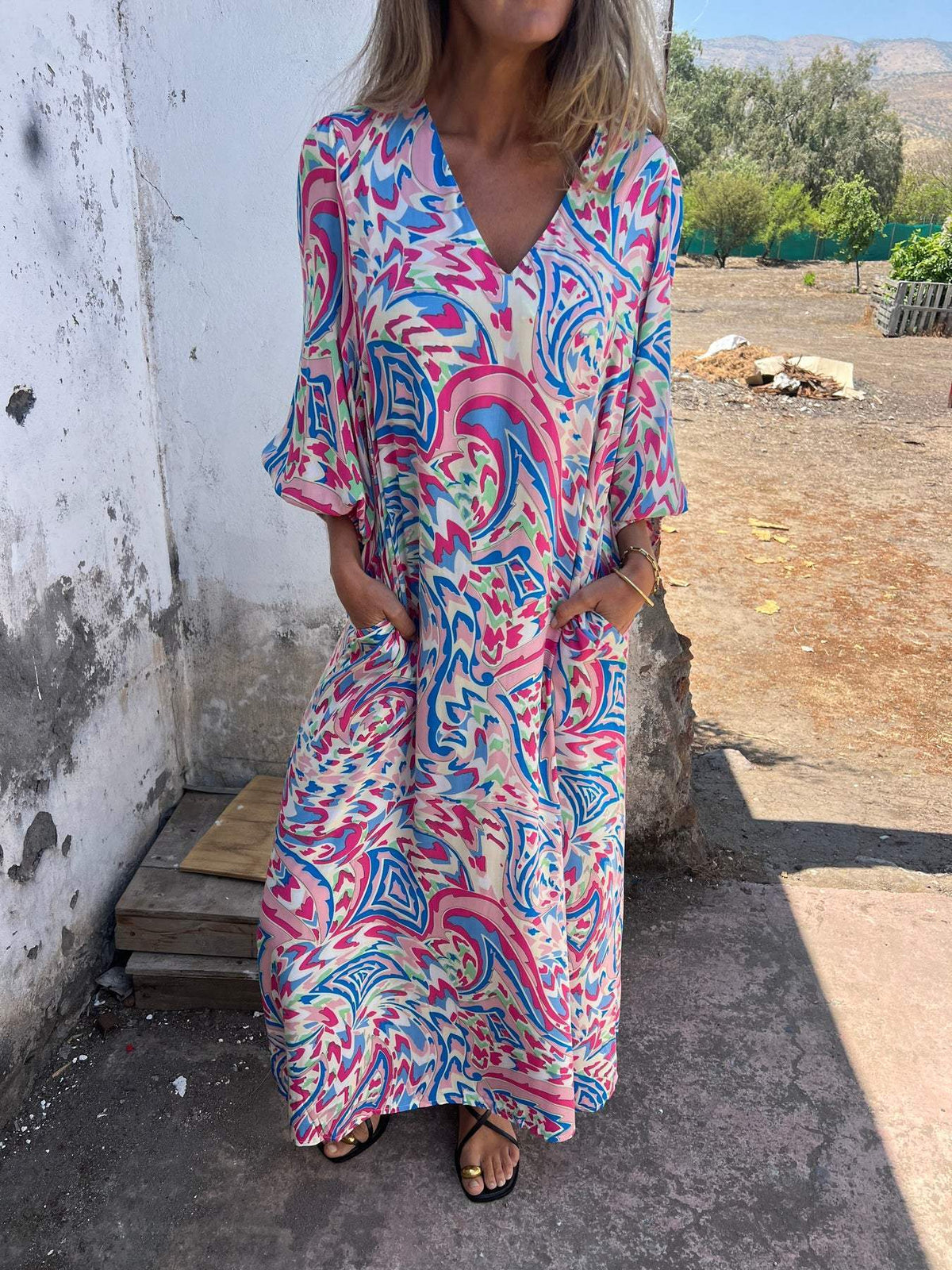 Paisley Print V Neck Kaftan Maxi Dress - Purple