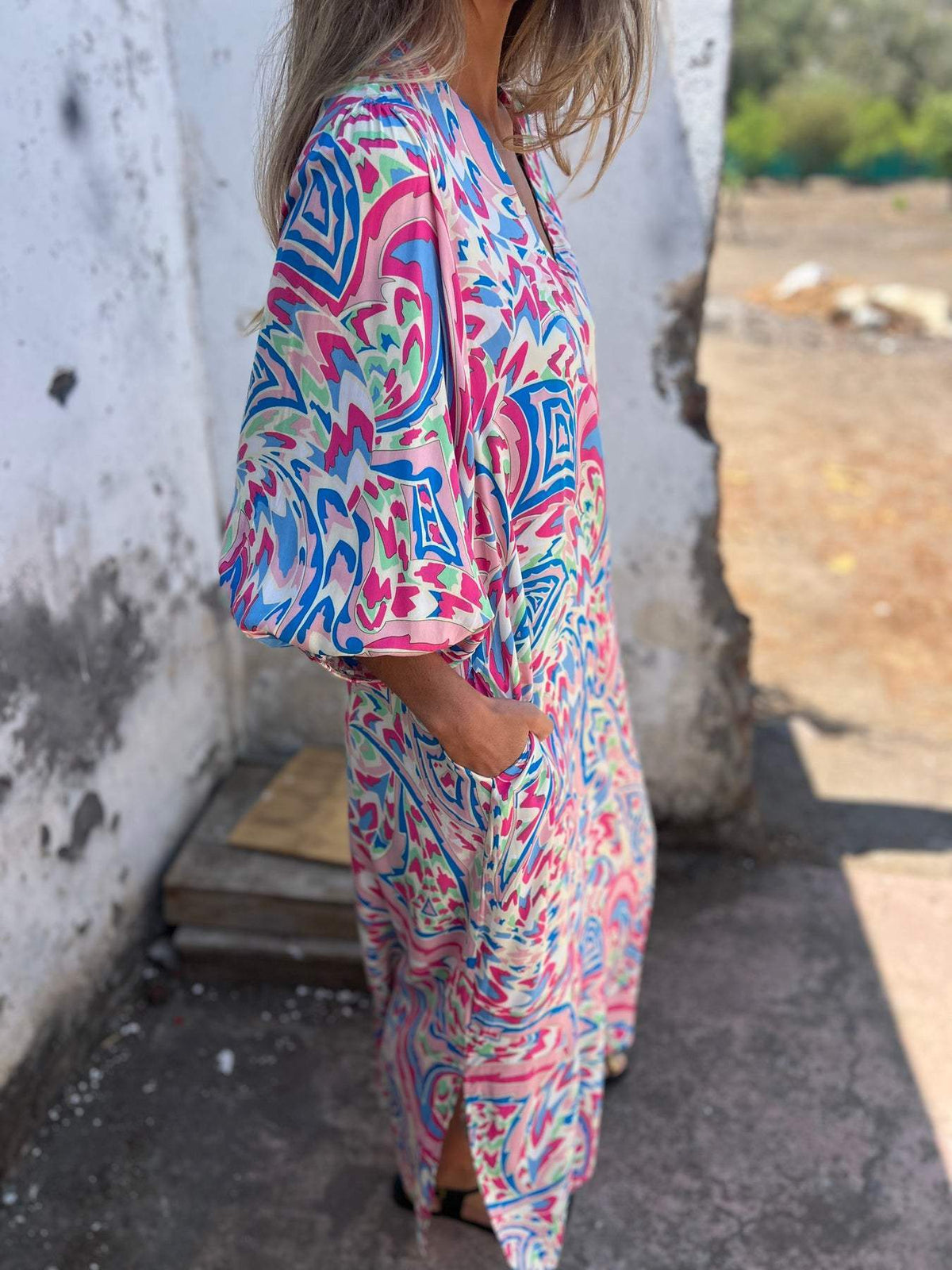 Paisley Print V Neck Kaftan Maxi Dress - Purple - 1