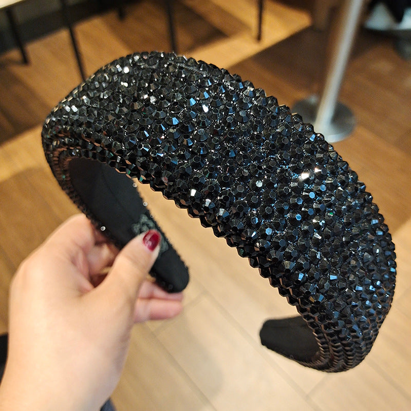 Crystal Encrusted Padded Wide Headband - Black