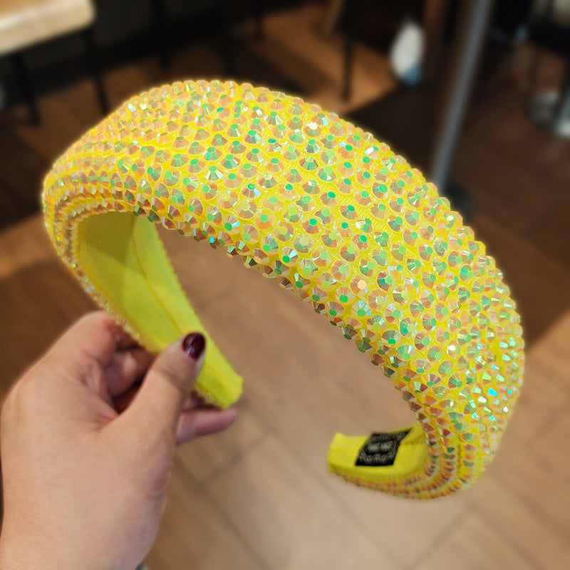 Crystal Encrusted Padded Wide Headband - Yellow
