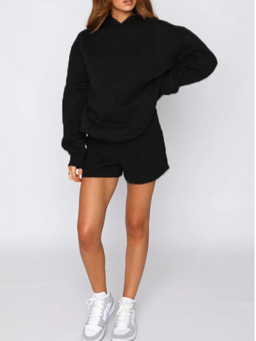 Relaxed Fleece Hoodie And Shorts Two Piece - Black