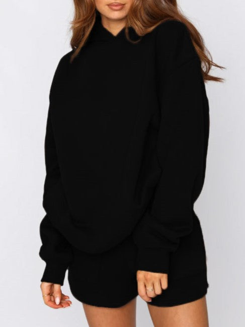 Relaxed Fleece Hoodie And Shorts Two Piece - Black - 2