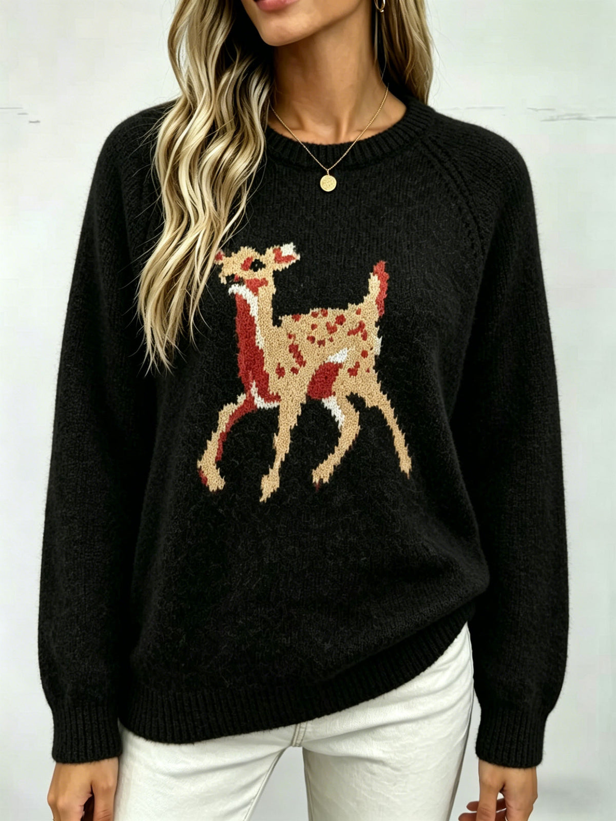 Deer Motif Crew Neck Pullover Sweater - Black