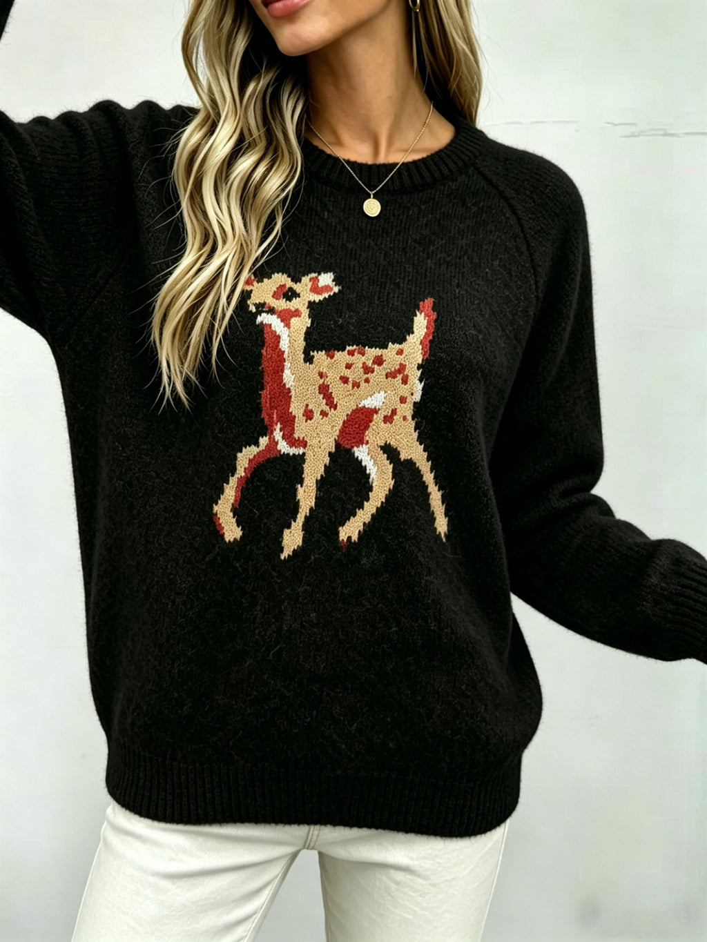 Deer Motif Crew Neck Pullover Sweater - Black - 1