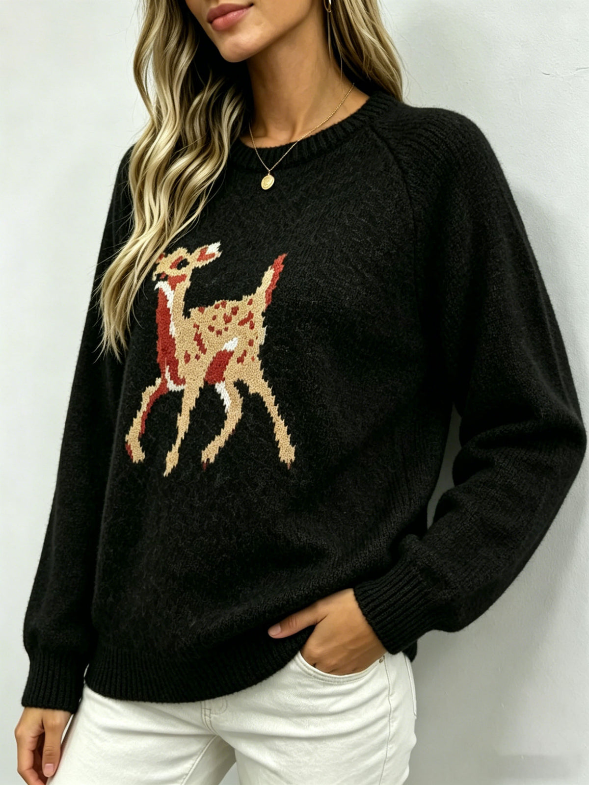 Deer Motif Crew Neck Pullover Sweater - Black - 2