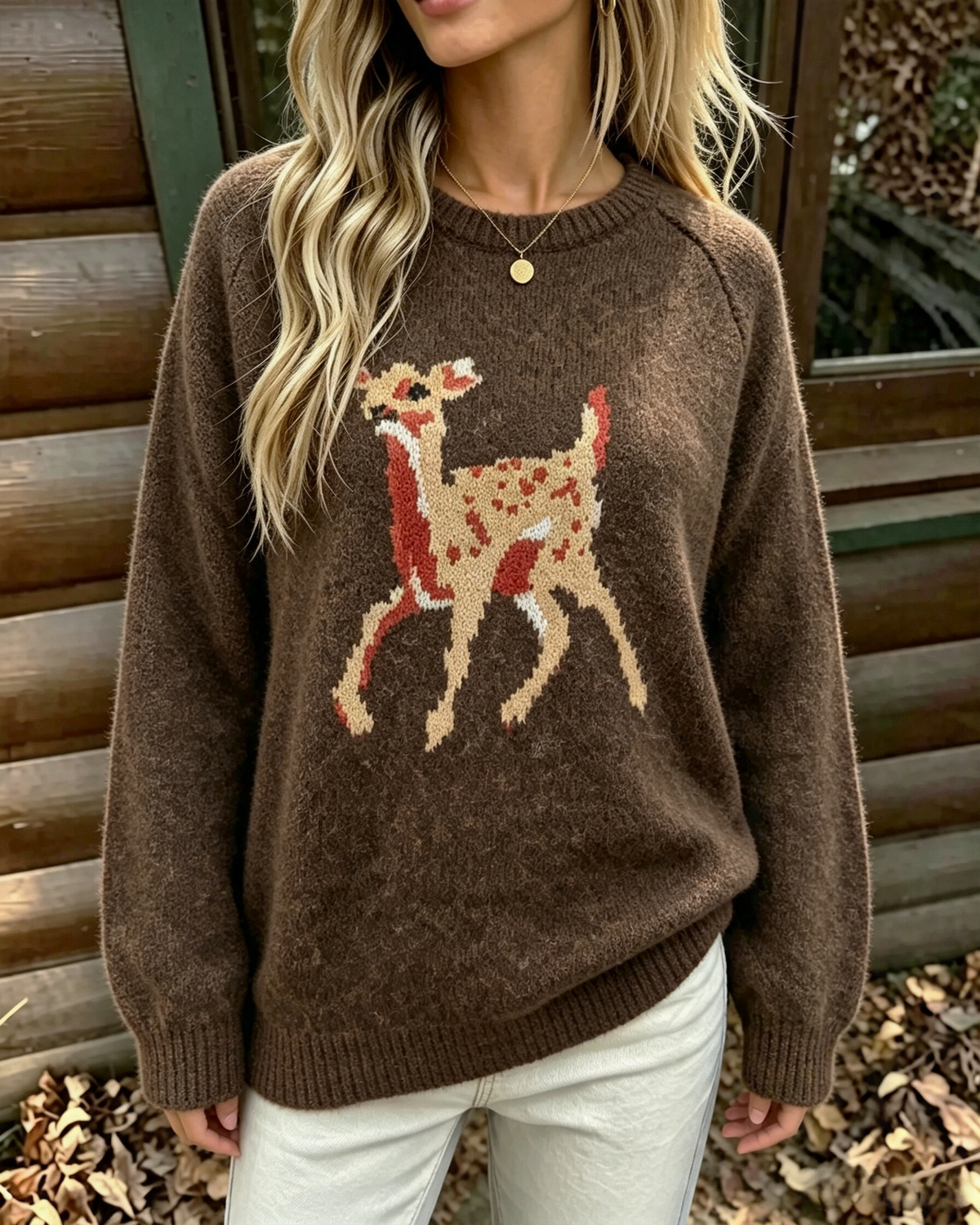 Deer Motif Crew Neck Pullover Sweater - Coffee