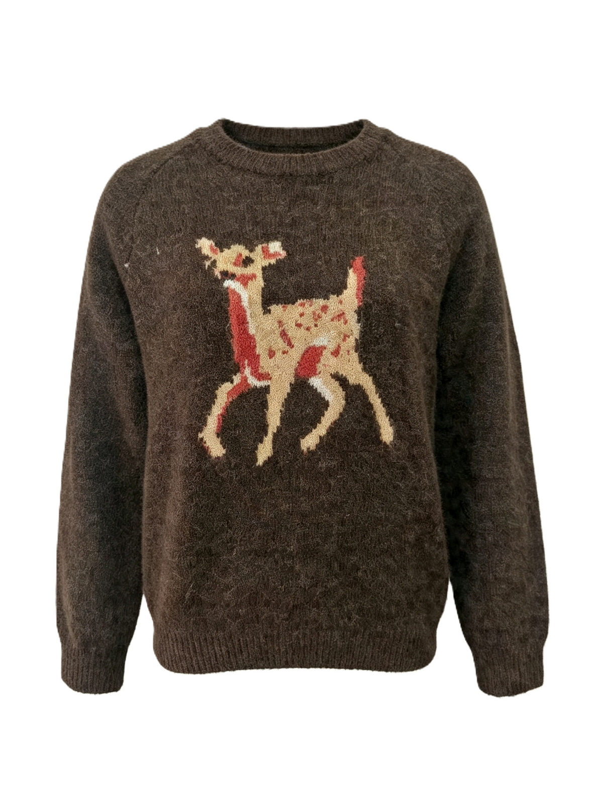 Deer Motif Crew Neck Pullover Sweater - Coffee - 1