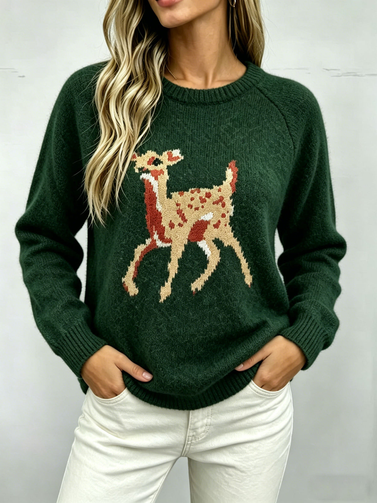 Deer Motif Crew Neck Pullover Sweater - Forest - 1