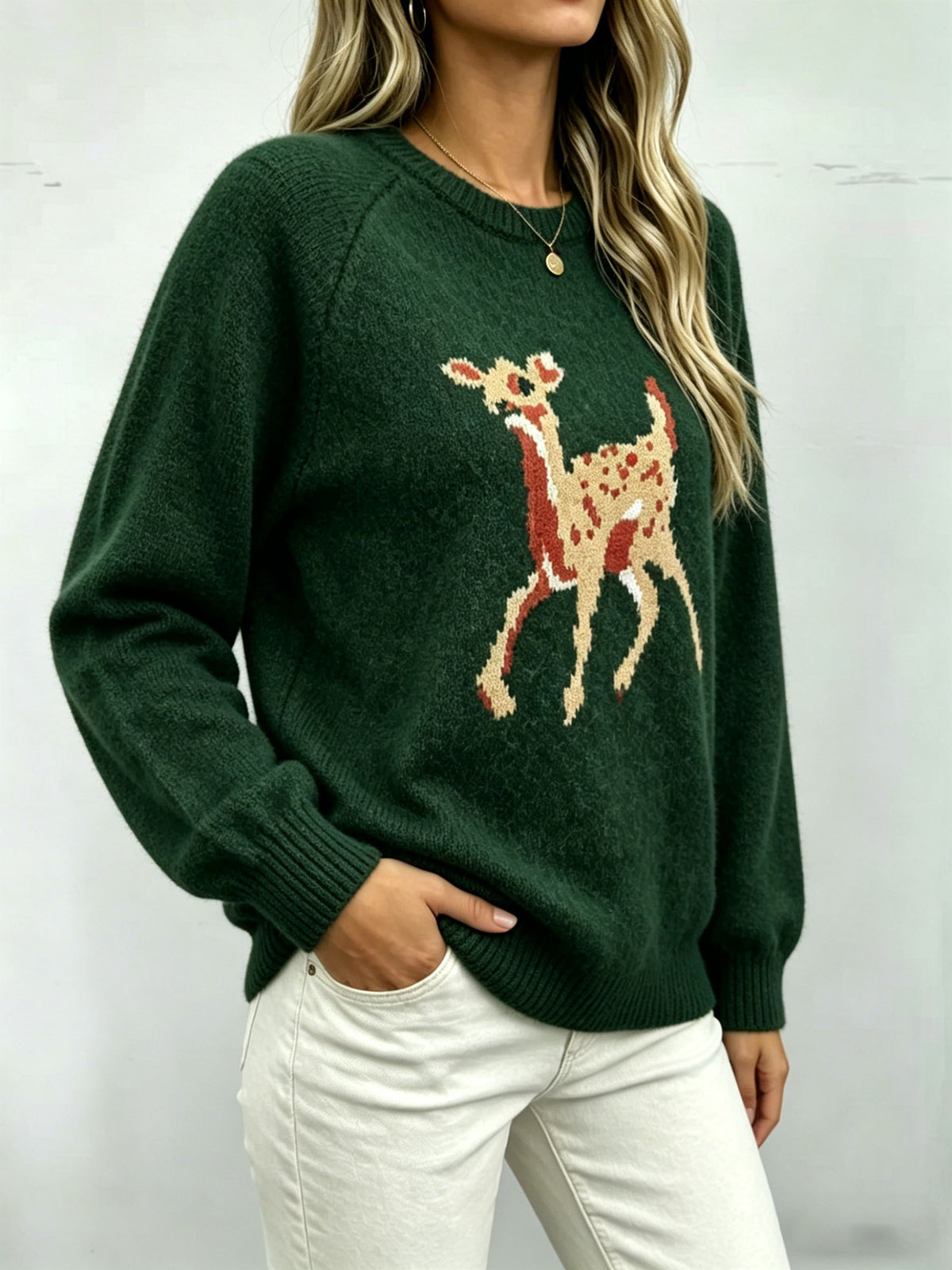 Deer Motif Crew Neck Pullover Sweater - Forest - 2