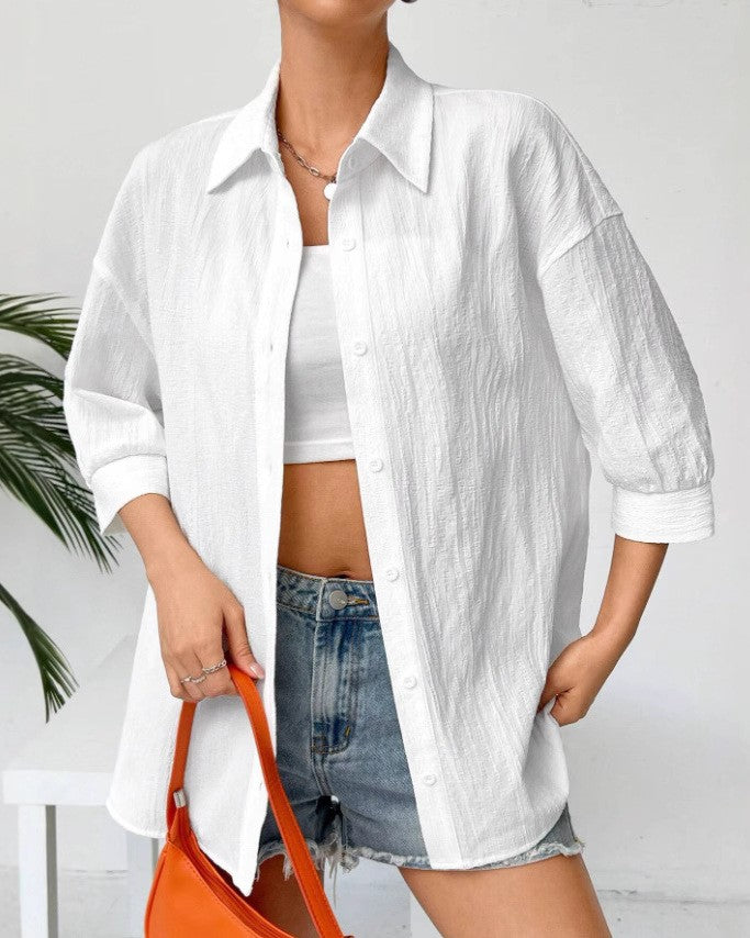 Oversized Crinkle Drop Shoulder Button Shirt - White - 1
