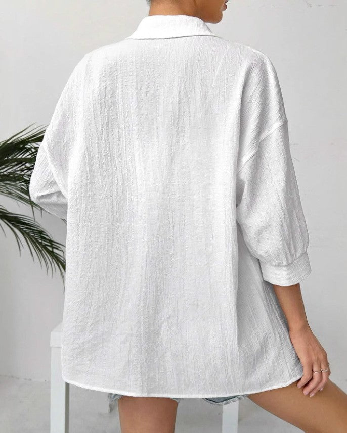 Oversized Crinkle Drop Shoulder Button Shirt - White - 3
