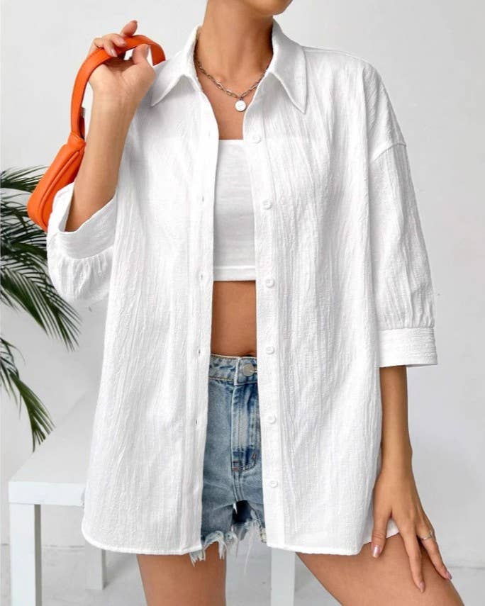 Oversized Crinkle Drop Shoulder Button Shirt