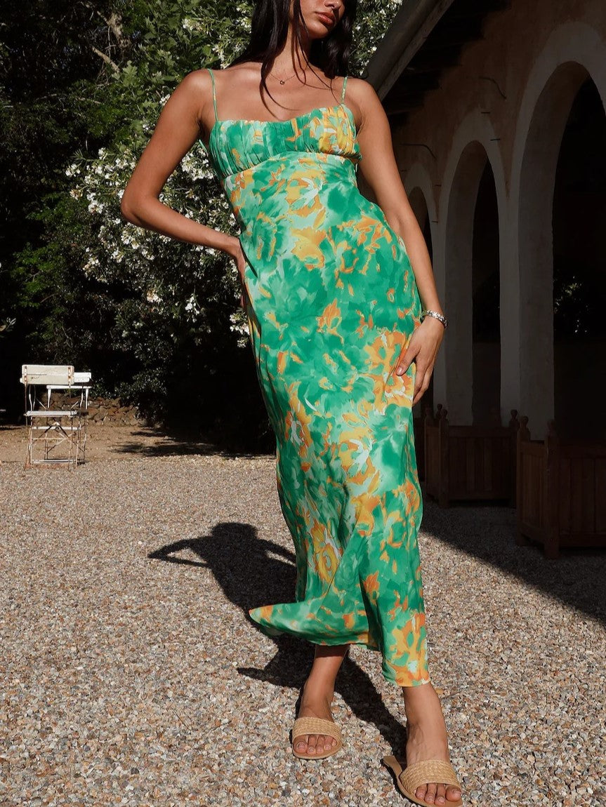 Painterly Floral Strappy Backless Maxi Dress - Green - 1