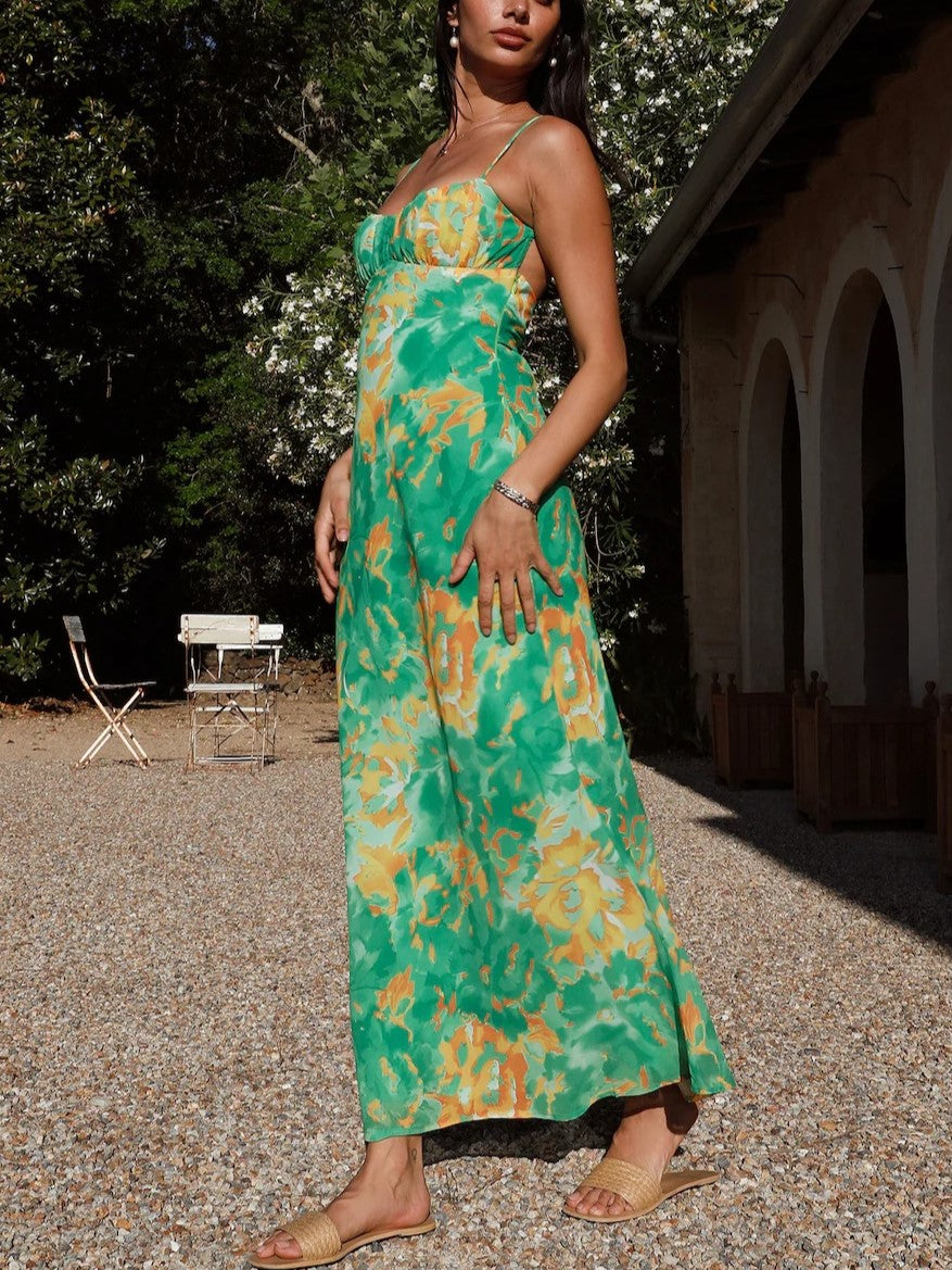 Painterly Floral Strappy Backless Maxi Dress - Green - 2