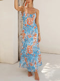Painterly Floral Strappy Backless Maxi Dress - Light Blue