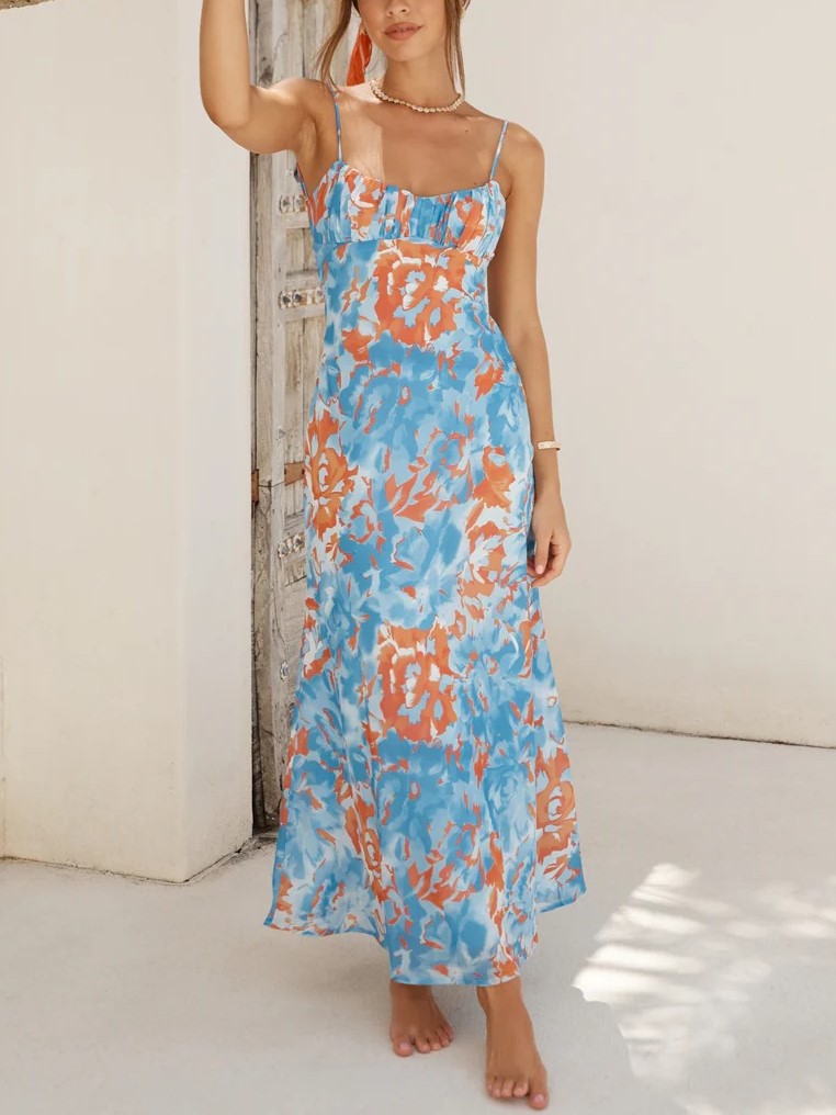 Painterly Floral Strappy Backless Maxi Dress - Light Blue