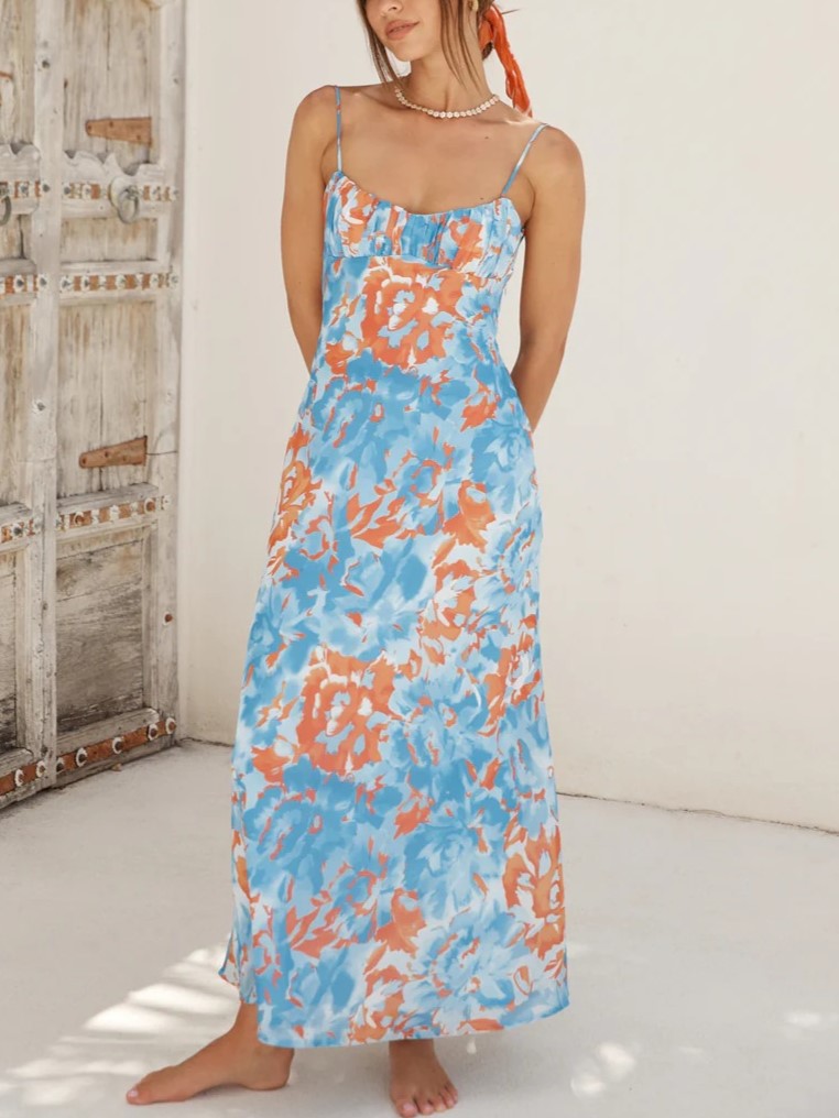 Painterly Floral Strappy Backless Maxi Dress - Light Blue - 1