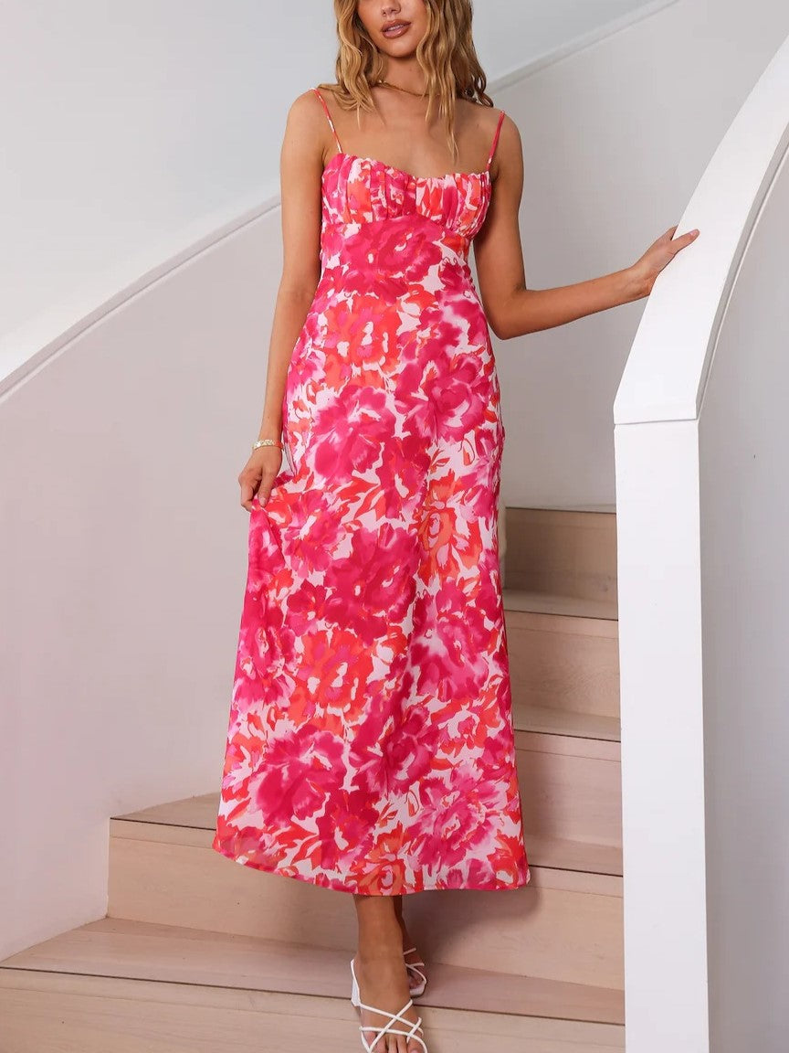 Painterly Floral Strappy Backless Maxi Dress - Rose Red - 1