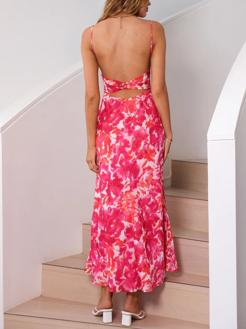 Painterly Floral Strappy Backless Maxi Dress - Rose Red - 2