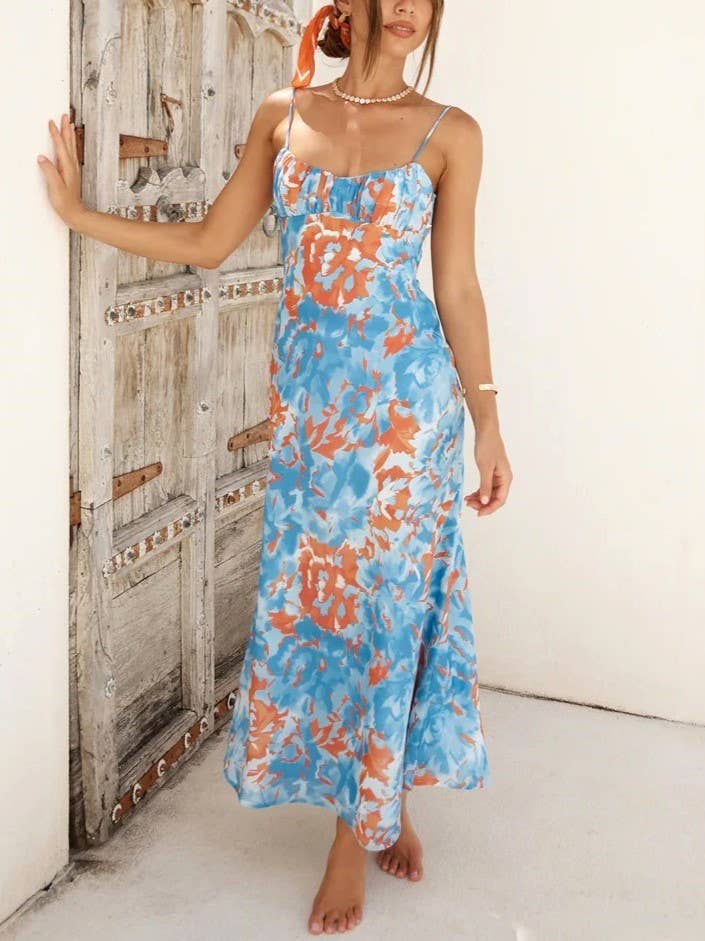 Painterly Floral Strappy Backless Maxi Dress