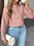 Ruffle Placket Striped Mock Neck Shirt - Red