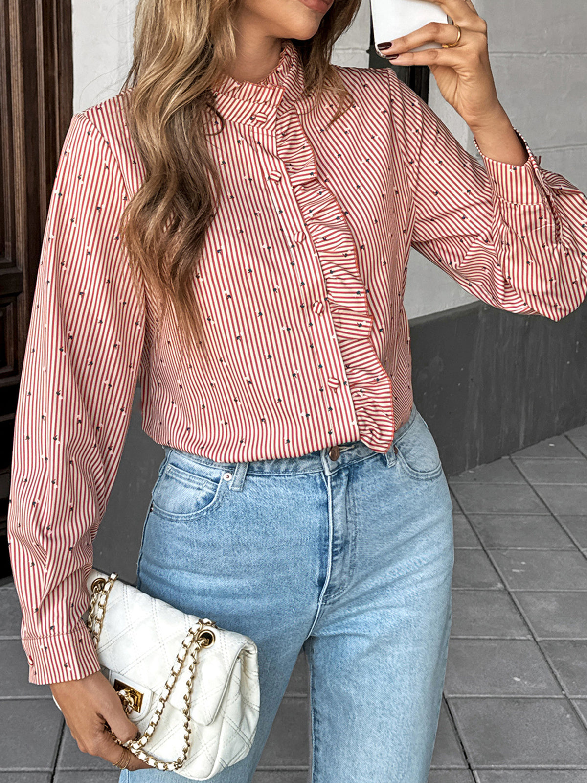 Ruffle Placket Striped Mock Neck Shirt - Red