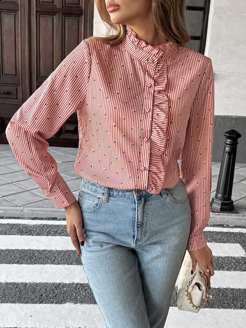 Ruffle Placket Striped Mock Neck Shirt - Red - 1