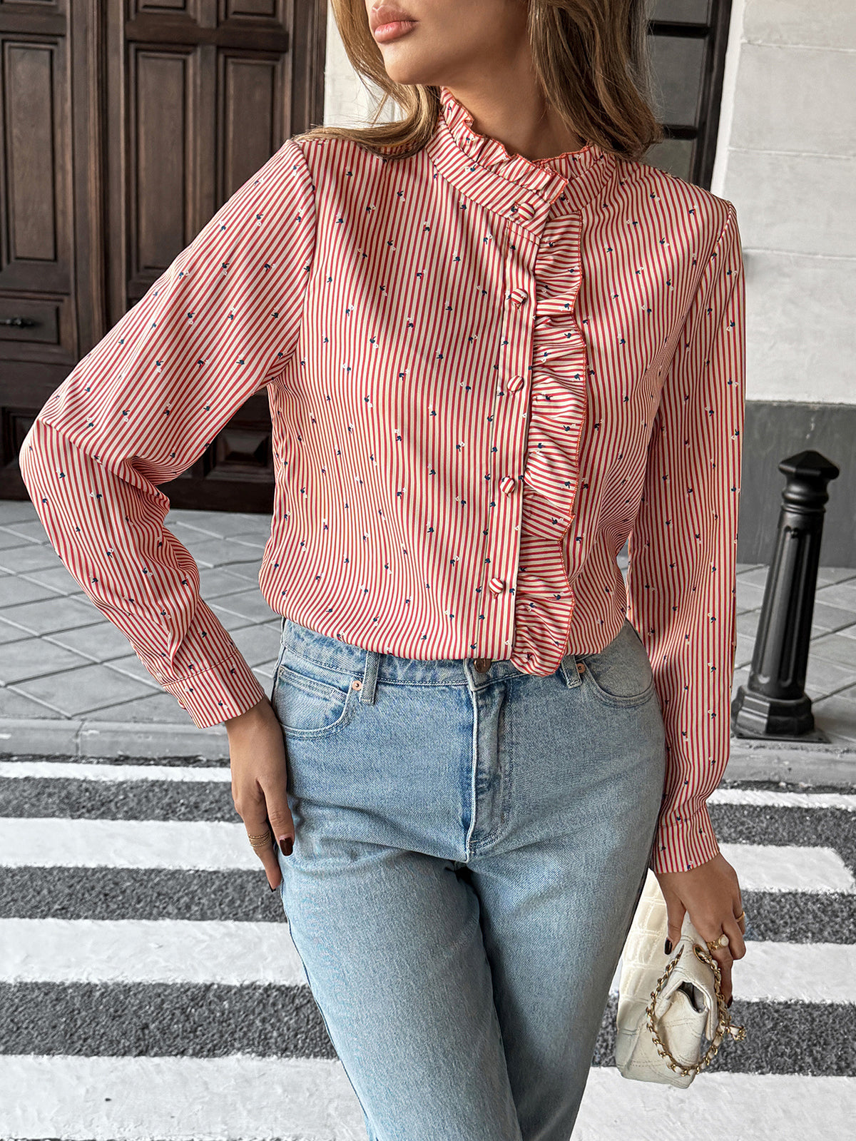 Ruffle Placket Striped Mock Neck Shirt - Red - 1