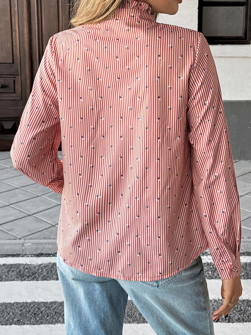 Ruffle Placket Striped Mock Neck Shirt - Red - 2