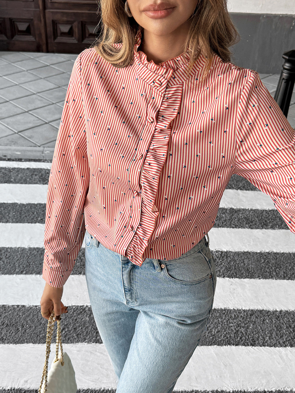 Ruffle Placket Striped Mock Neck Shirt - view 1