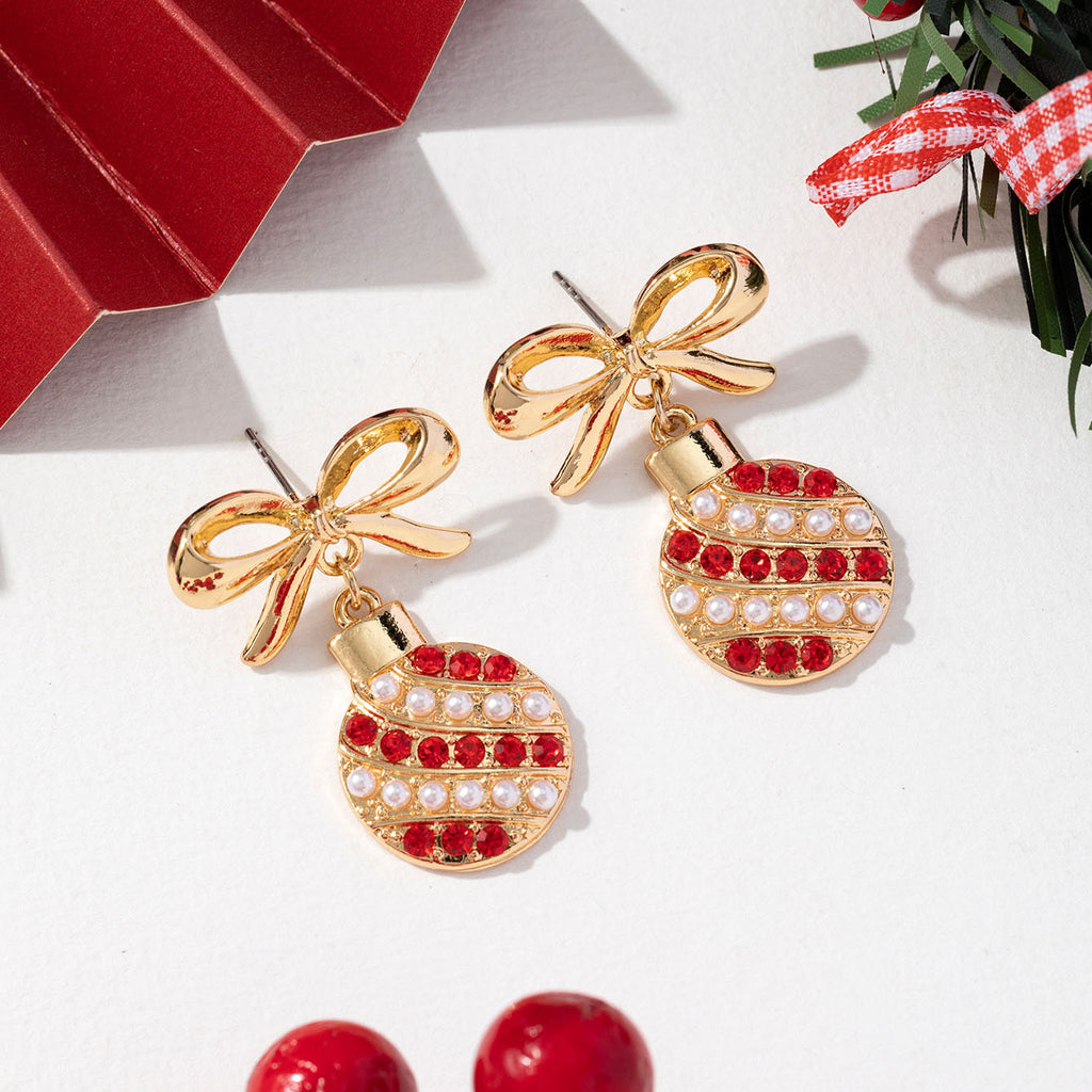 Bow Top Holiday Ornament Drop Earrings - Gold