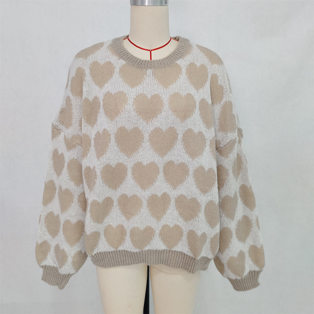Allover Heart Crewneck Pullover Sweater - Khaki
