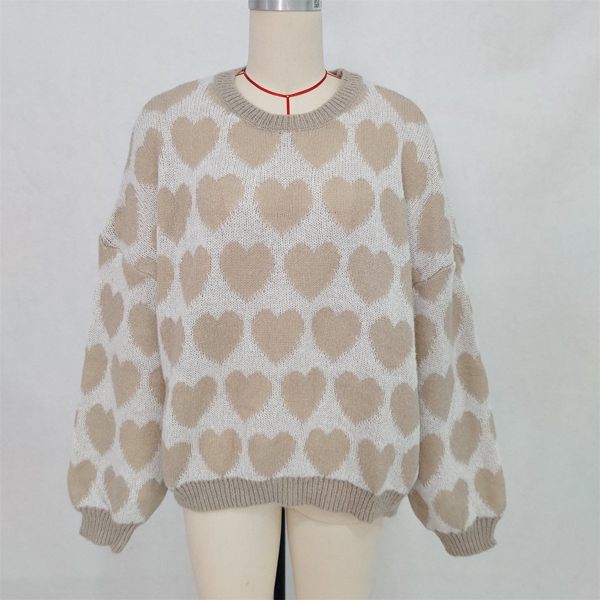 Allover Heart Crewneck Pullover Sweater - Khaki