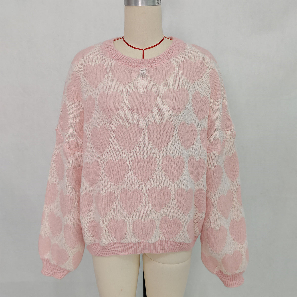 Allover Heart Crewneck Pullover Sweater - Pink