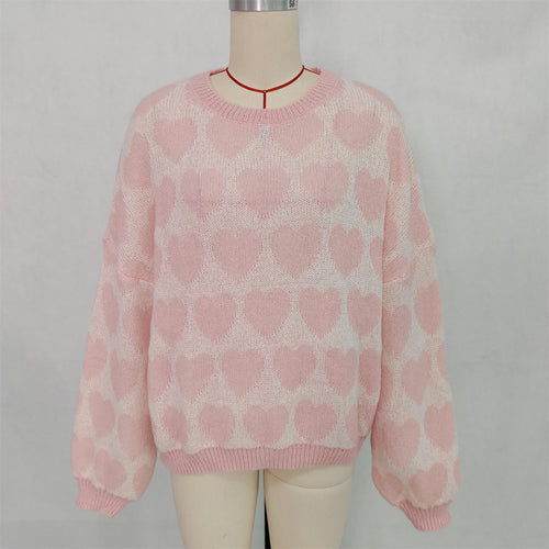 Allover Heart Crewneck Pullover Sweater - Pink