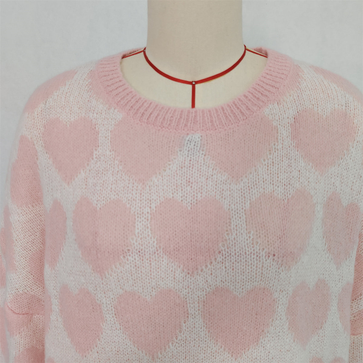 Allover Heart Crewneck Pullover Sweater - Pink - 1