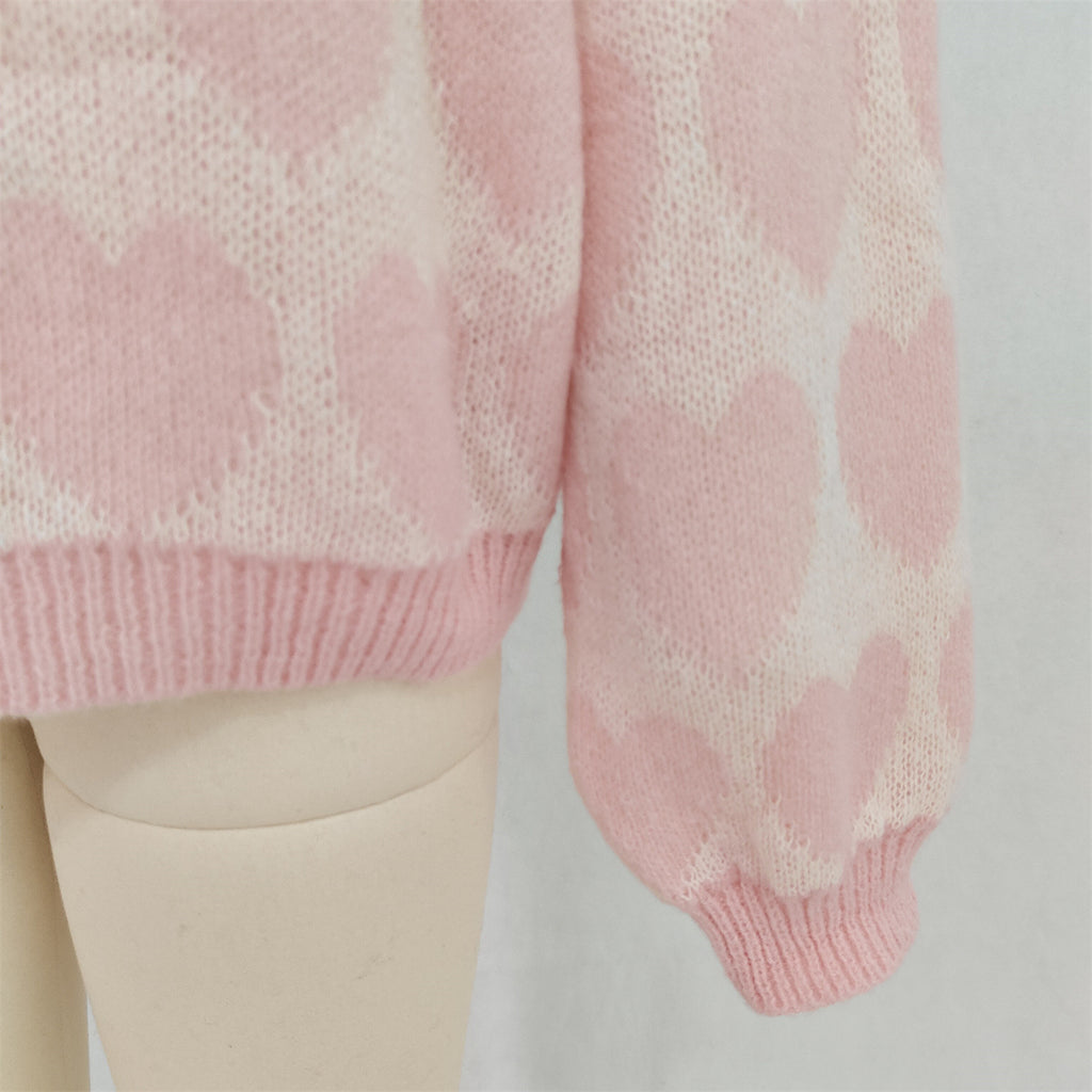 Allover Heart Crewneck Pullover Sweater - Pink - 2