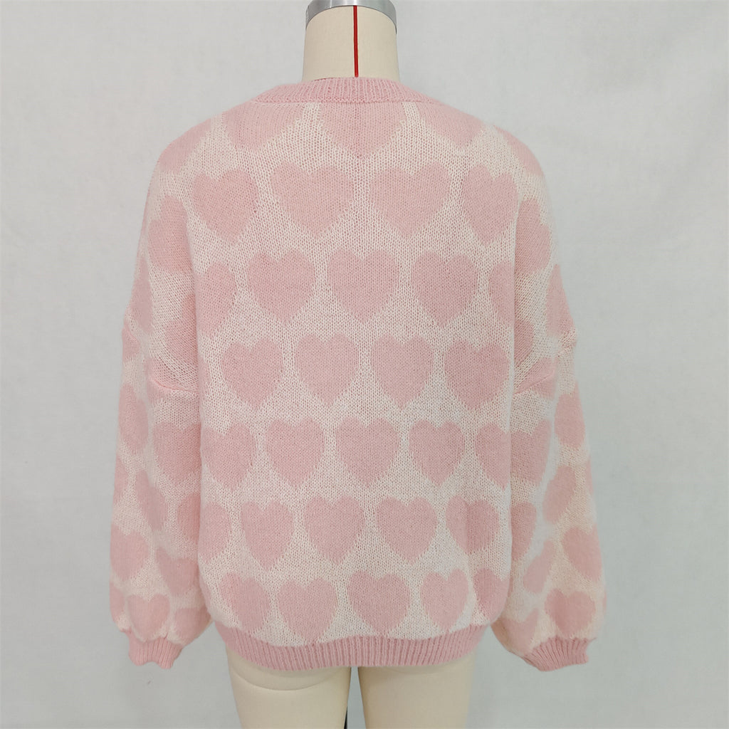 Allover Heart Crewneck Pullover Sweater - Pink - 3