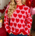 Allover Heart Crewneck Pullover Sweater - Red