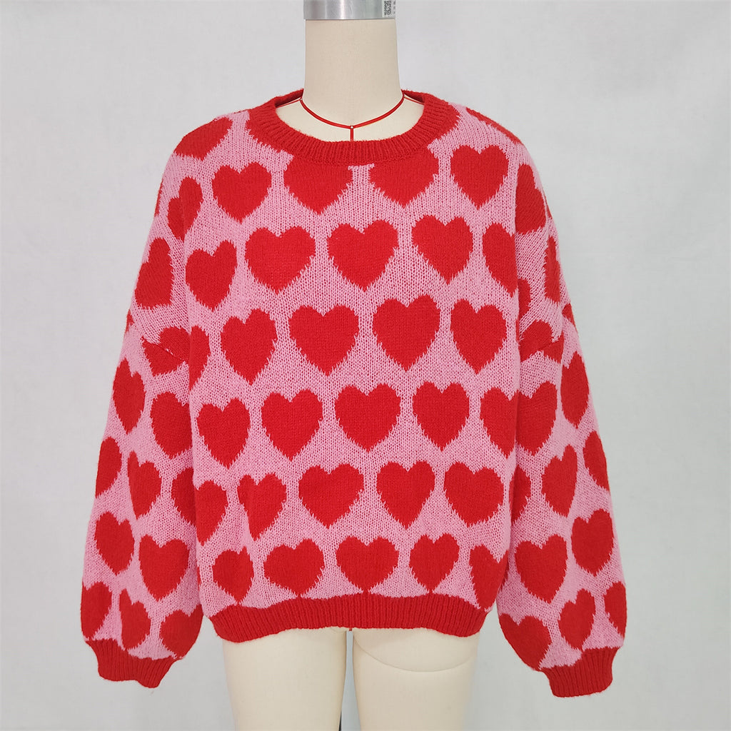 Allover Heart Crewneck Pullover Sweater - Red - 1