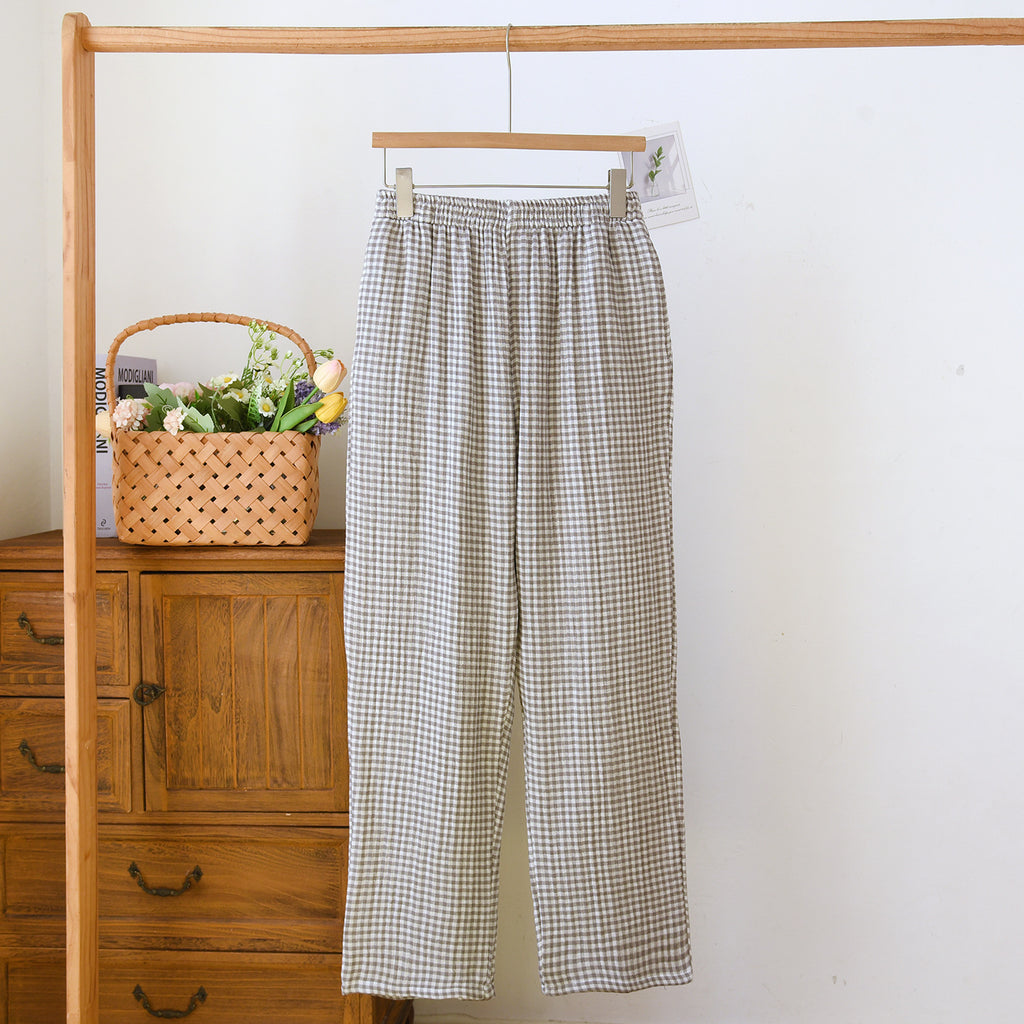 Gingham Cotton Lounge Pants With Elastic Waist - Gray