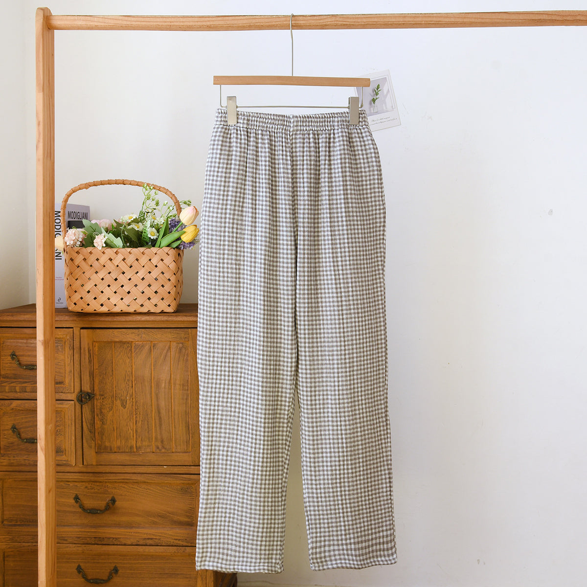 Gingham Cotton Lounge Pants With Elastic Waist - Gray