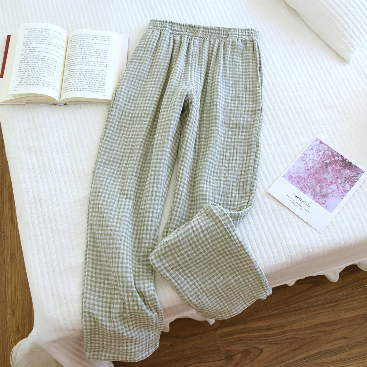 Gingham Cotton Lounge Pants With Elastic Waist - Green