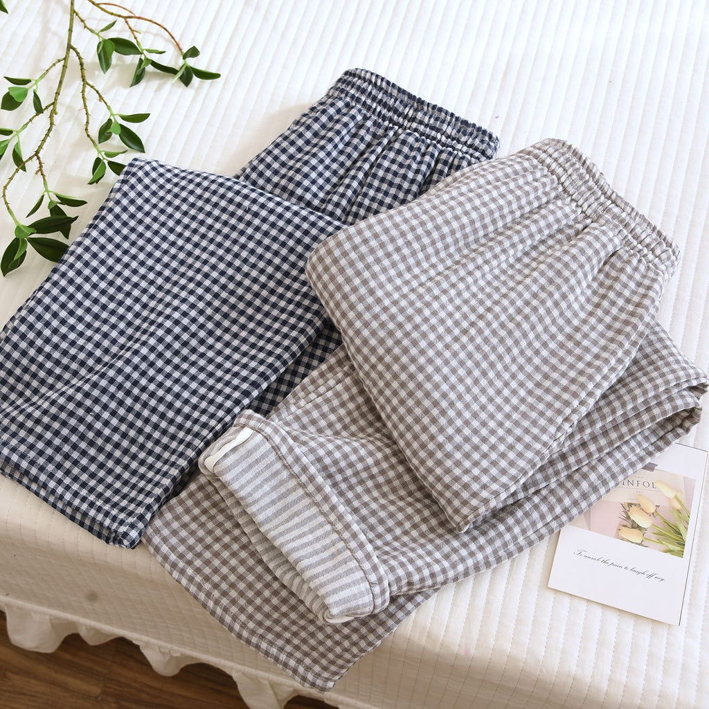Gingham Cotton Lounge Pants With Elastic Waist - Navy - 1