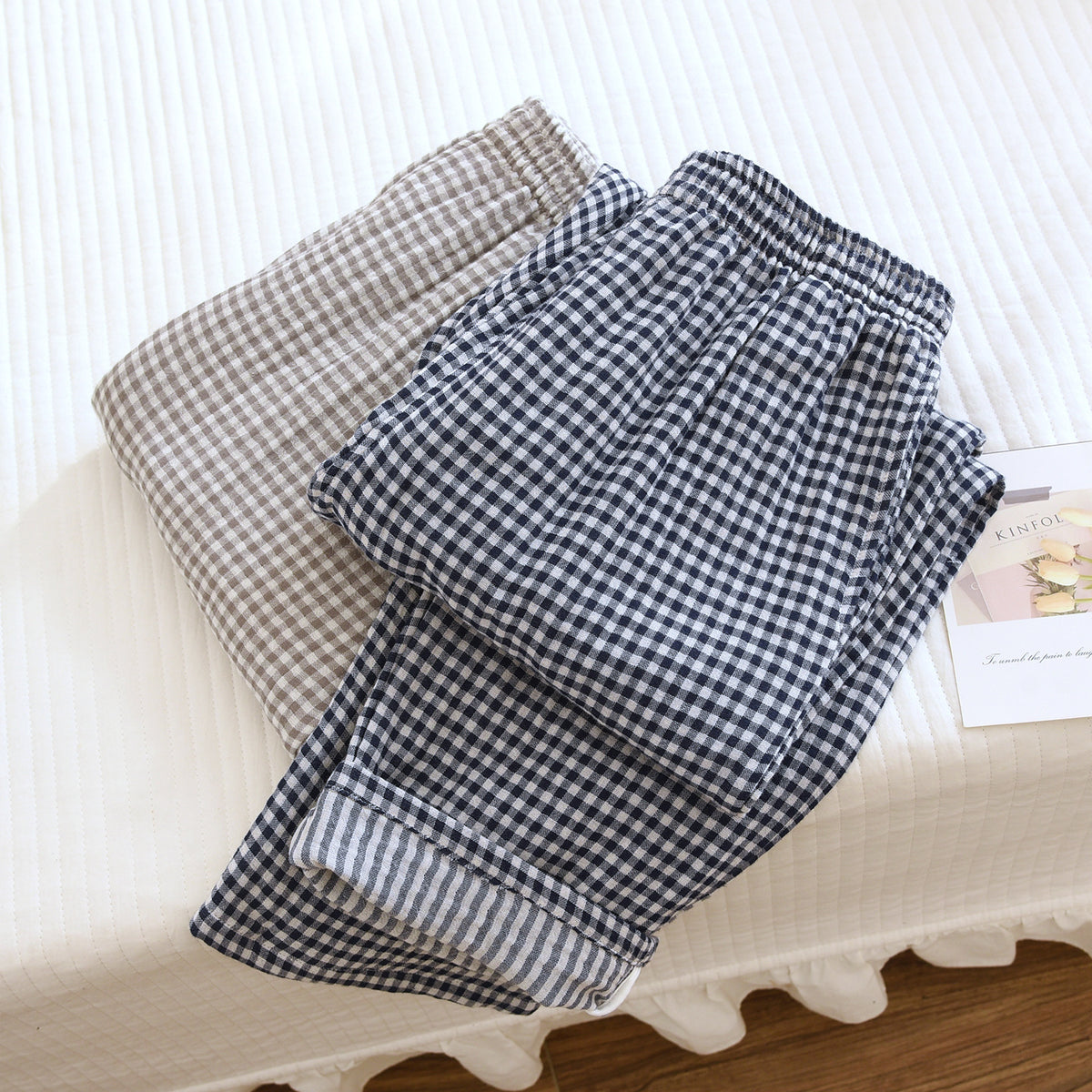 Gingham Cotton Lounge Pants With Elastic Waist - Navy - 2