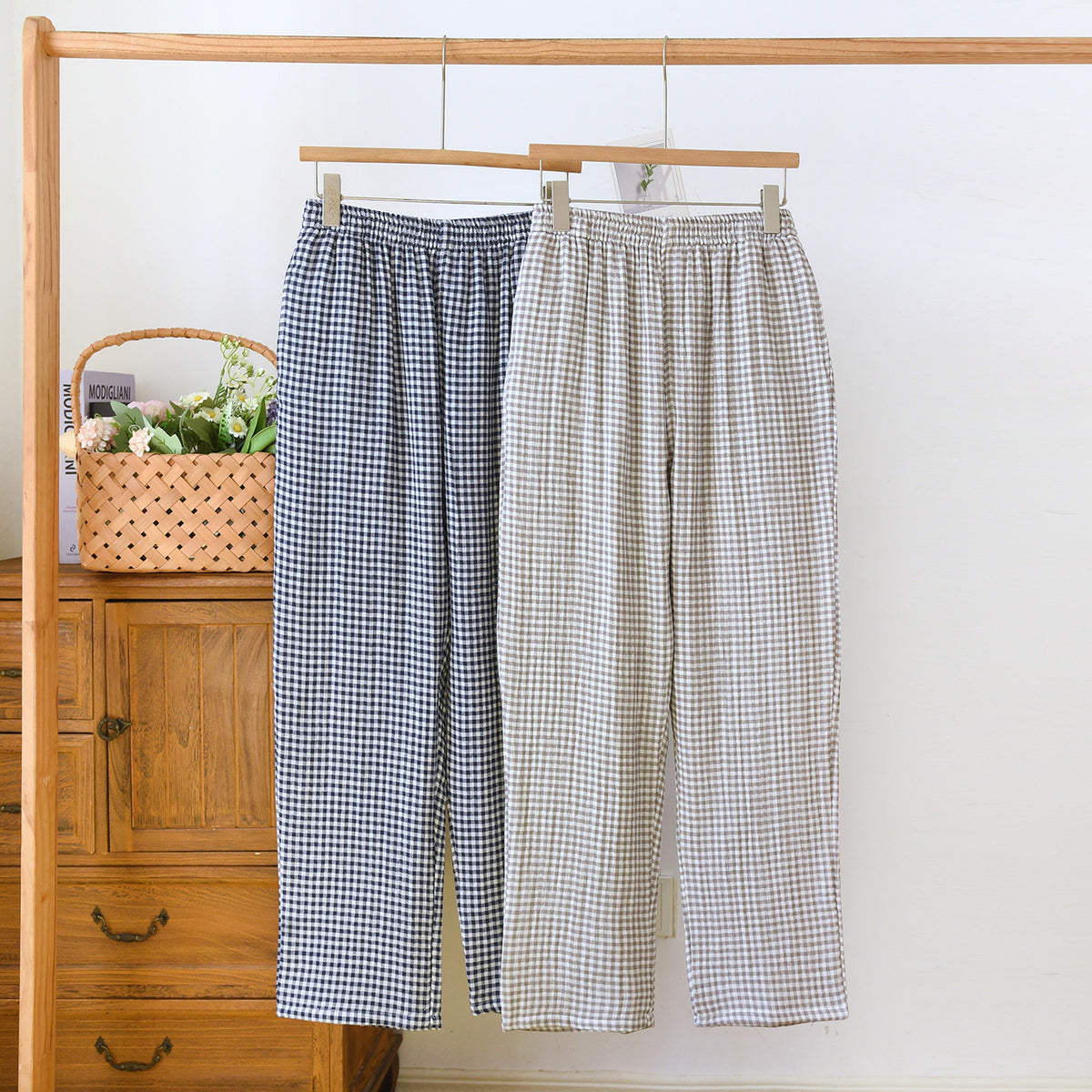Gingham Cotton Lounge Pants With Elastic Waist - Navy - 3