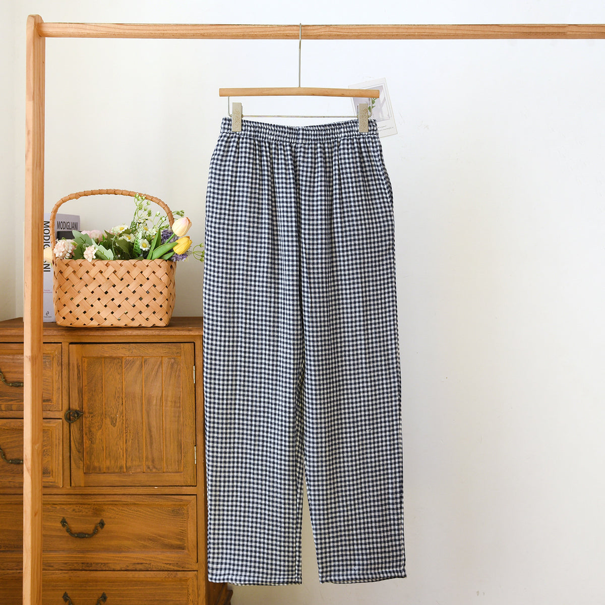 Gingham Cotton Lounge Pants With Elastic Waist - Navy - 4